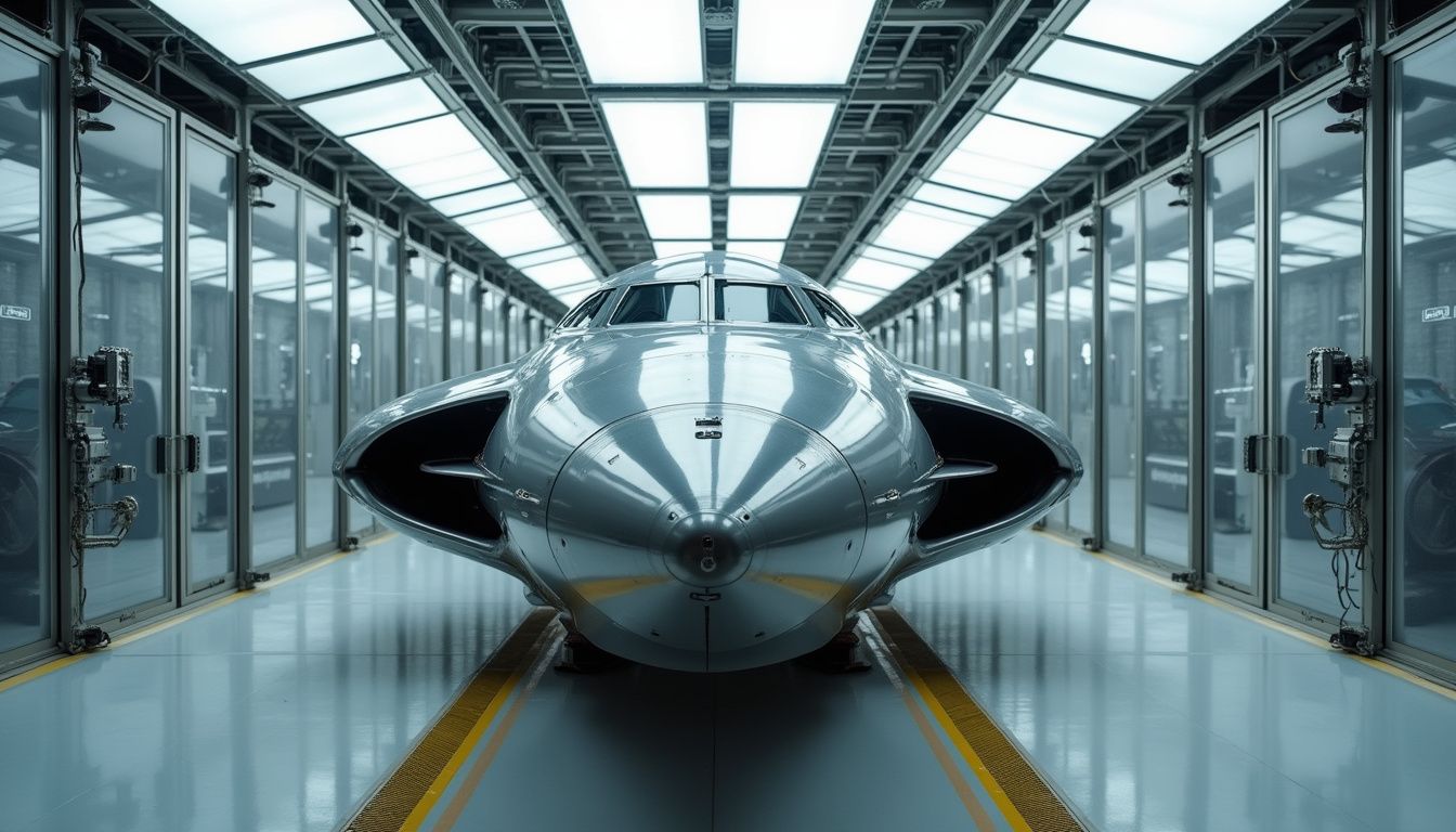 A sleek spacecraft rests in a high-tech aerospace testing facility.