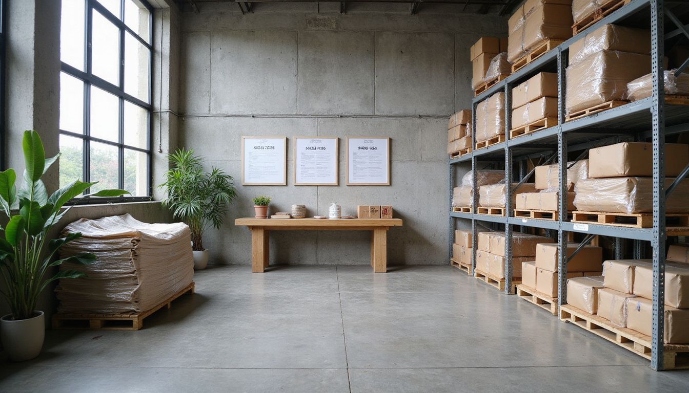 A clean, organized warehouse showcases eco-friendly products and sustainability efforts.
