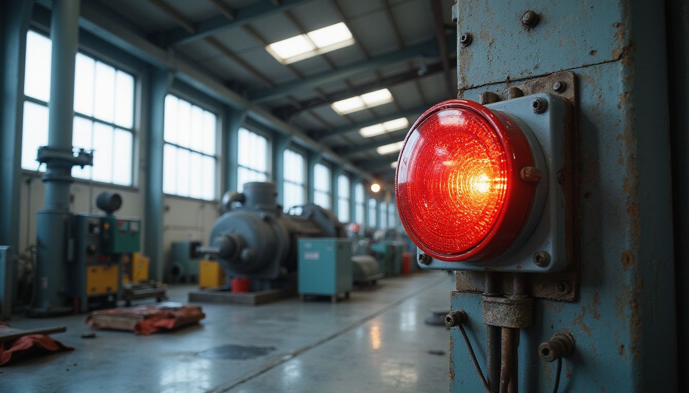 An andon system illuminates a busy, detailed manufacturing plant. An andon system illuminates a busy, detailed manufacturing plant.