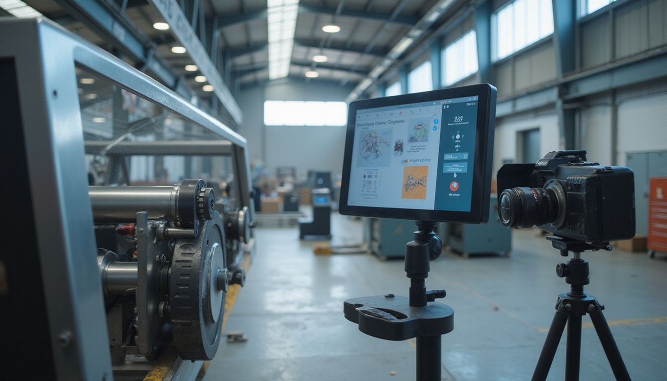 Industrial machine control panel showcasing augmented reality instructions in a factory. Industrial machine control panel showcasing augmented reality instructions in a factory.