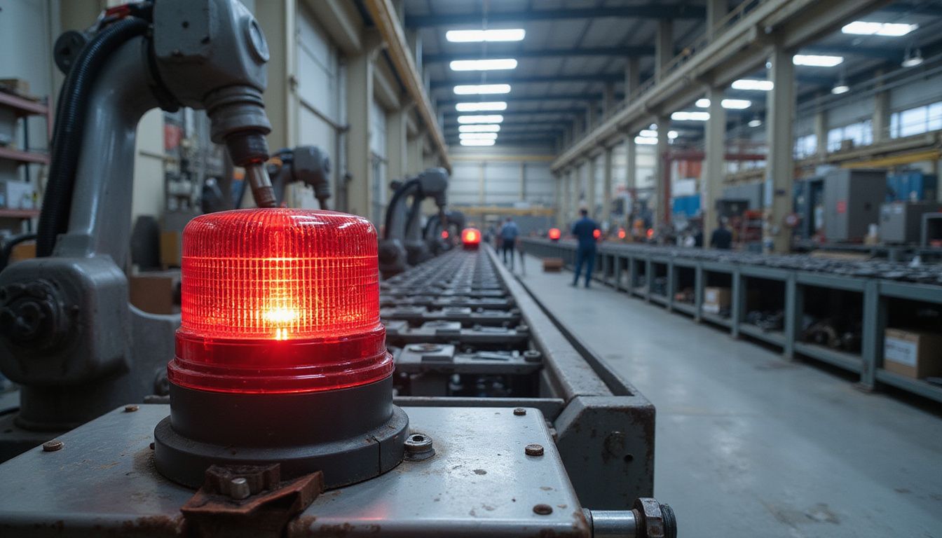 A vibrant red Andon light signals urgency in a busy manufacturing plant. A vibrant red Andon light signals urgency in a busy manufacturing plant.