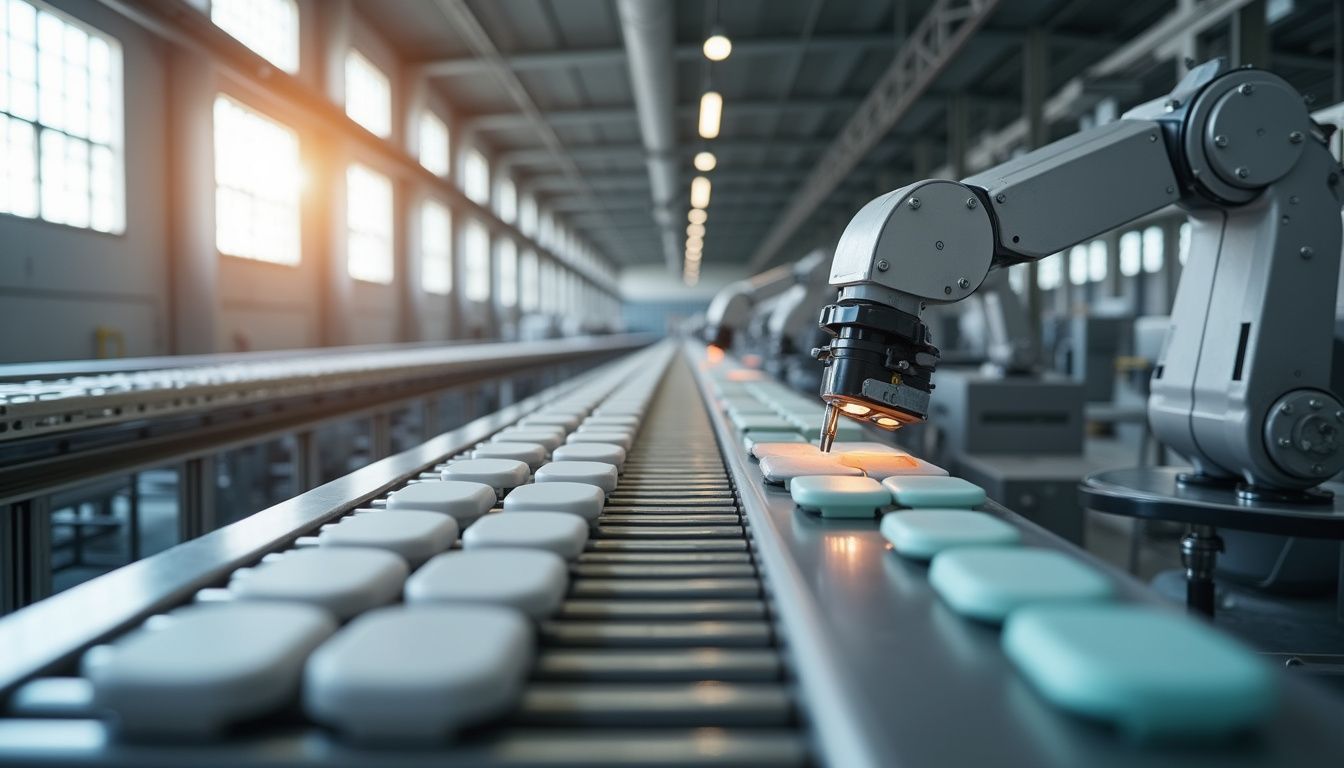 A modern factory production line features automated systems for product tracking.