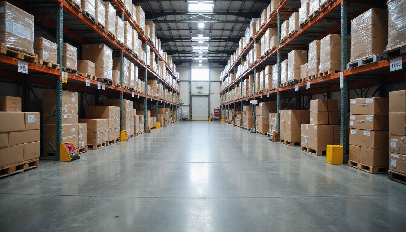 A pristine warehouse interior showcasing organized inventory and clean walkways.