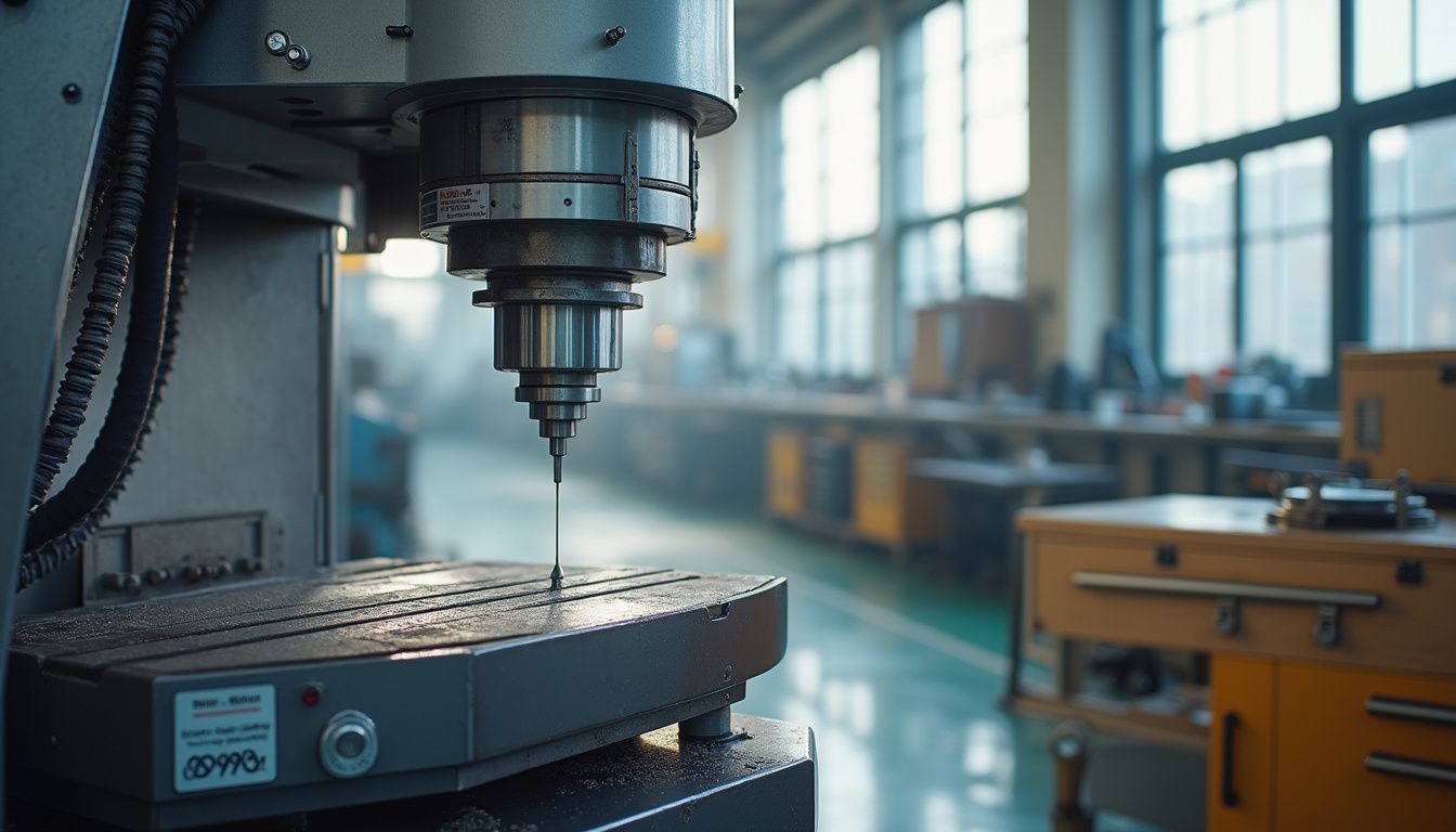 Close-up of a precision CNC milling machine in an industrial setting.