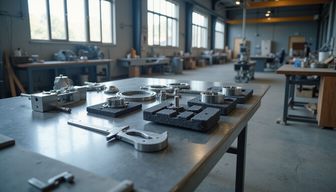 A meticulous workstation in a high-precision manufacturing facility with organized tools.
