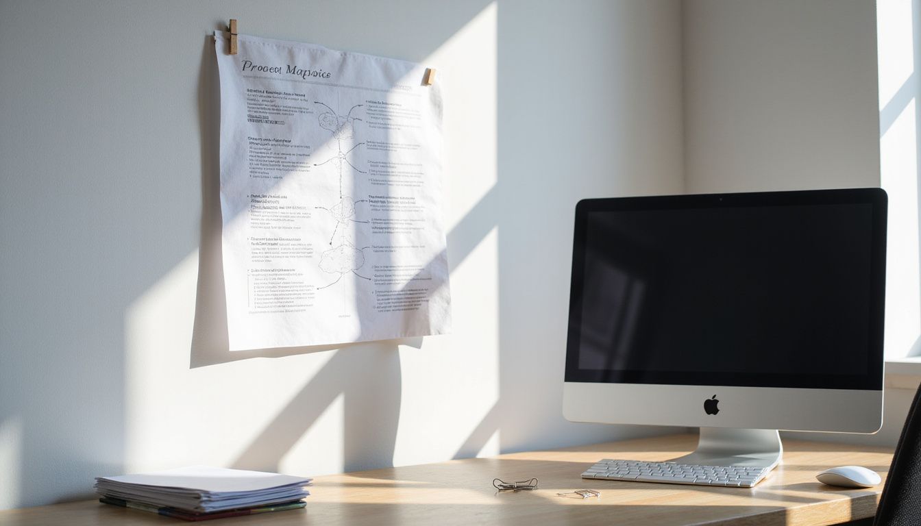 A detailed process map is displayed on an office wall.
