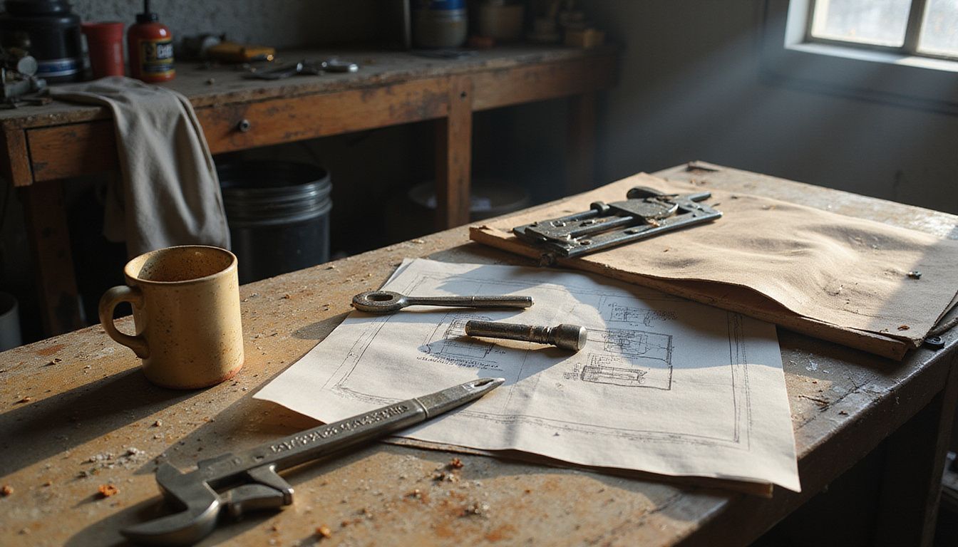 A cluttered manufacturing workspace showcasing tools and materials in use.
