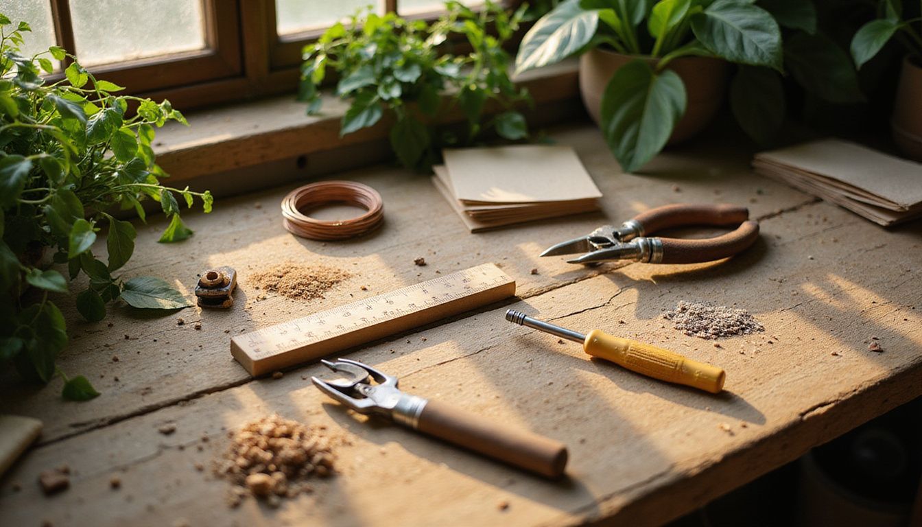 A rustic workspace filled with detailed hand tools and materials.
