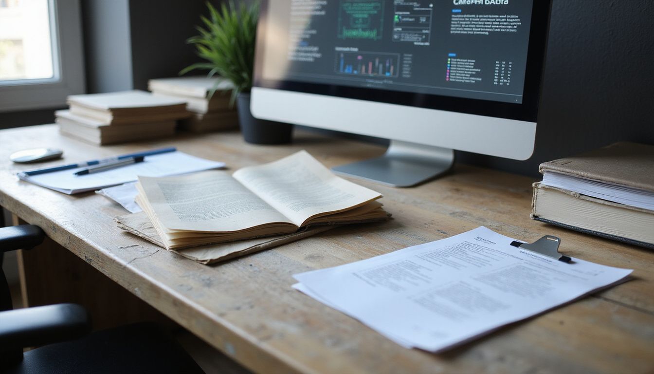 A professional engineering workspace with manuals, checklists, and a computer monitor.