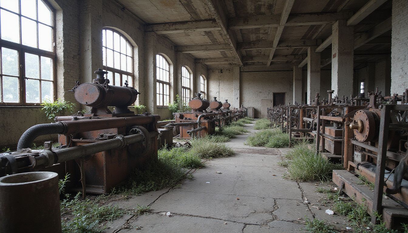 Abandoned textile factory overtaken by nature and time's decay.