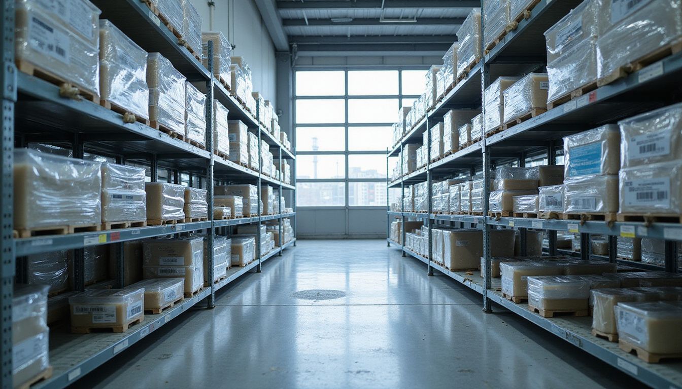 A tidy manufacturing facility showcases organized storage and real-time tracking systems.