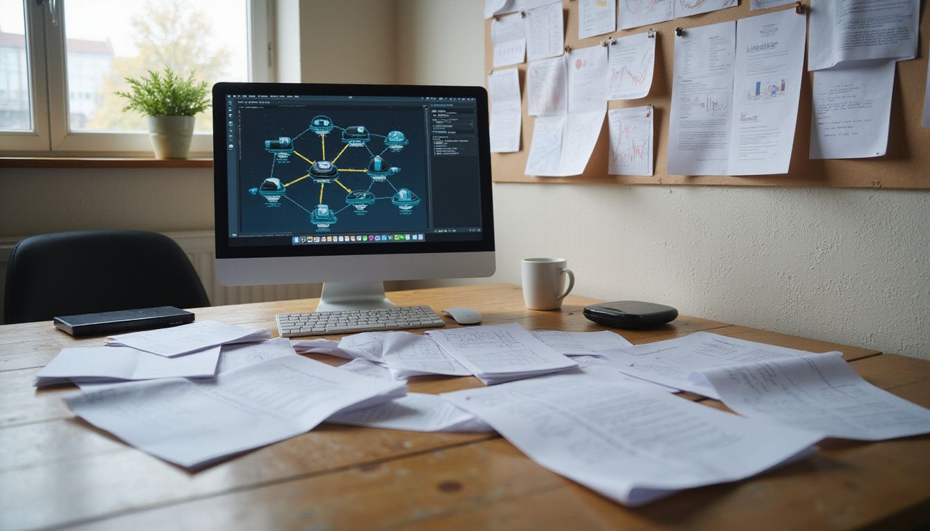 A cluttered desk displays documents and flowcharts for data traceability.
