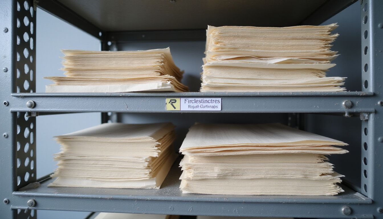 Organized metal shelves display neatly arranged, labeled material documents.