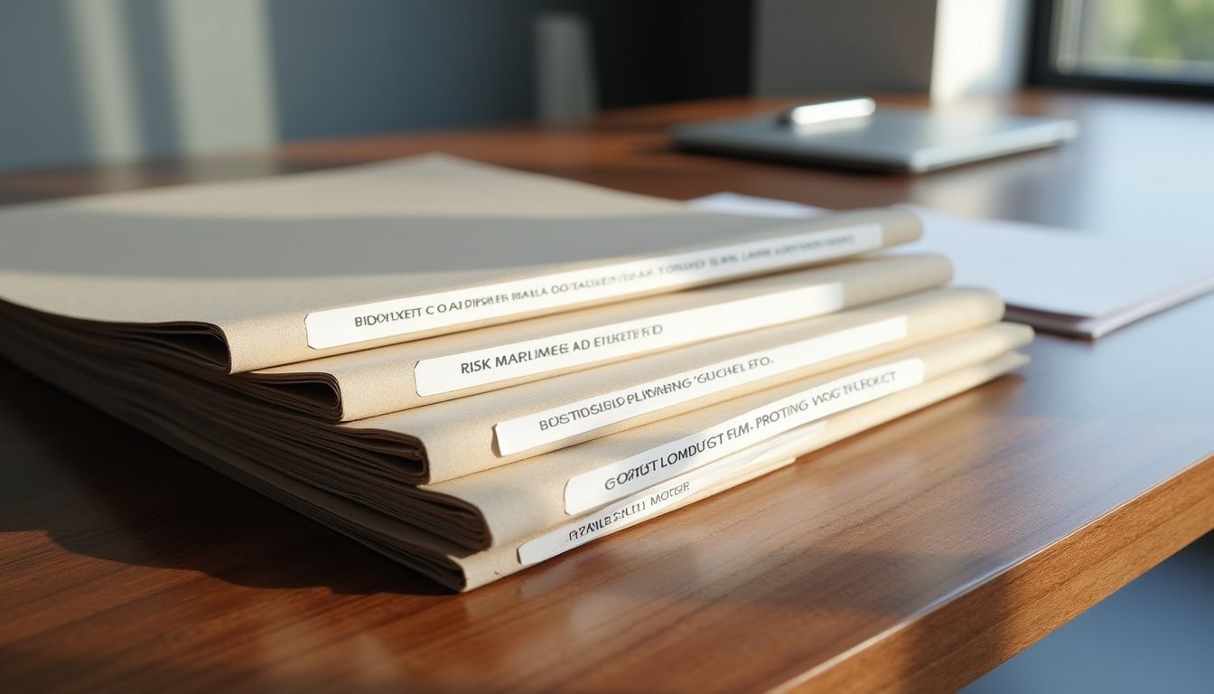 A sleek desk displays neatly organized aerospace project documents and accessories.