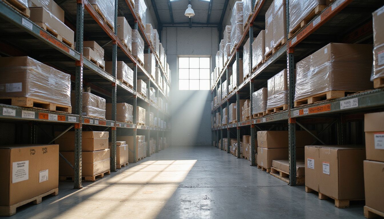 A quiet warehouse filled with organized industrial shelves and packages.