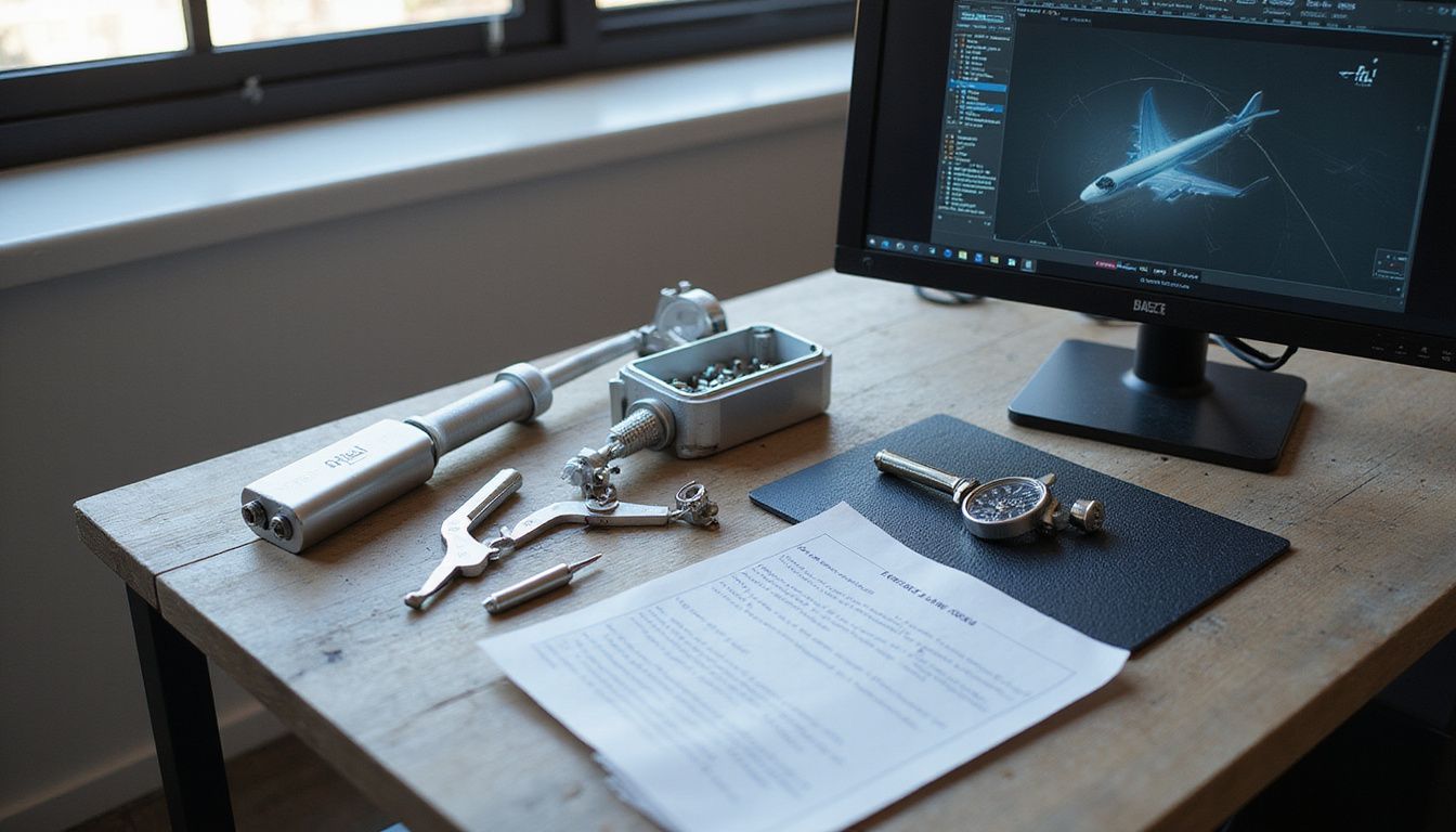 A precision-organized aerospace workbench featuring tools and components.