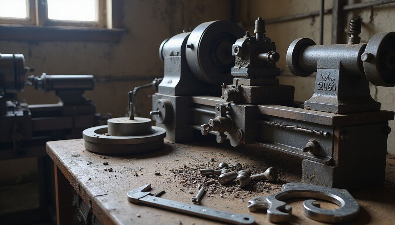 A worn precision machining workshop filled with tools and unfinished parts.
