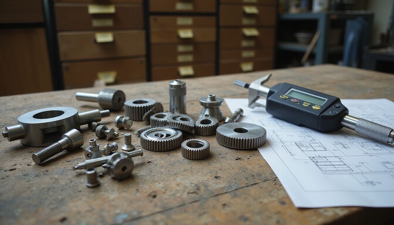 A precision tooling workshop showcasing meticulously crafted metal components and tools.