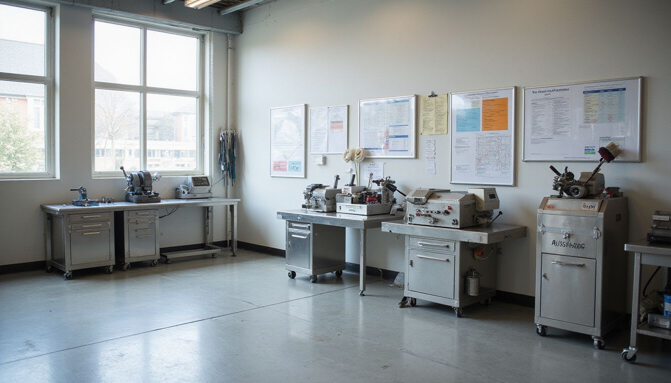 A meticulously organized precision shop workspace conveying disciplined order.