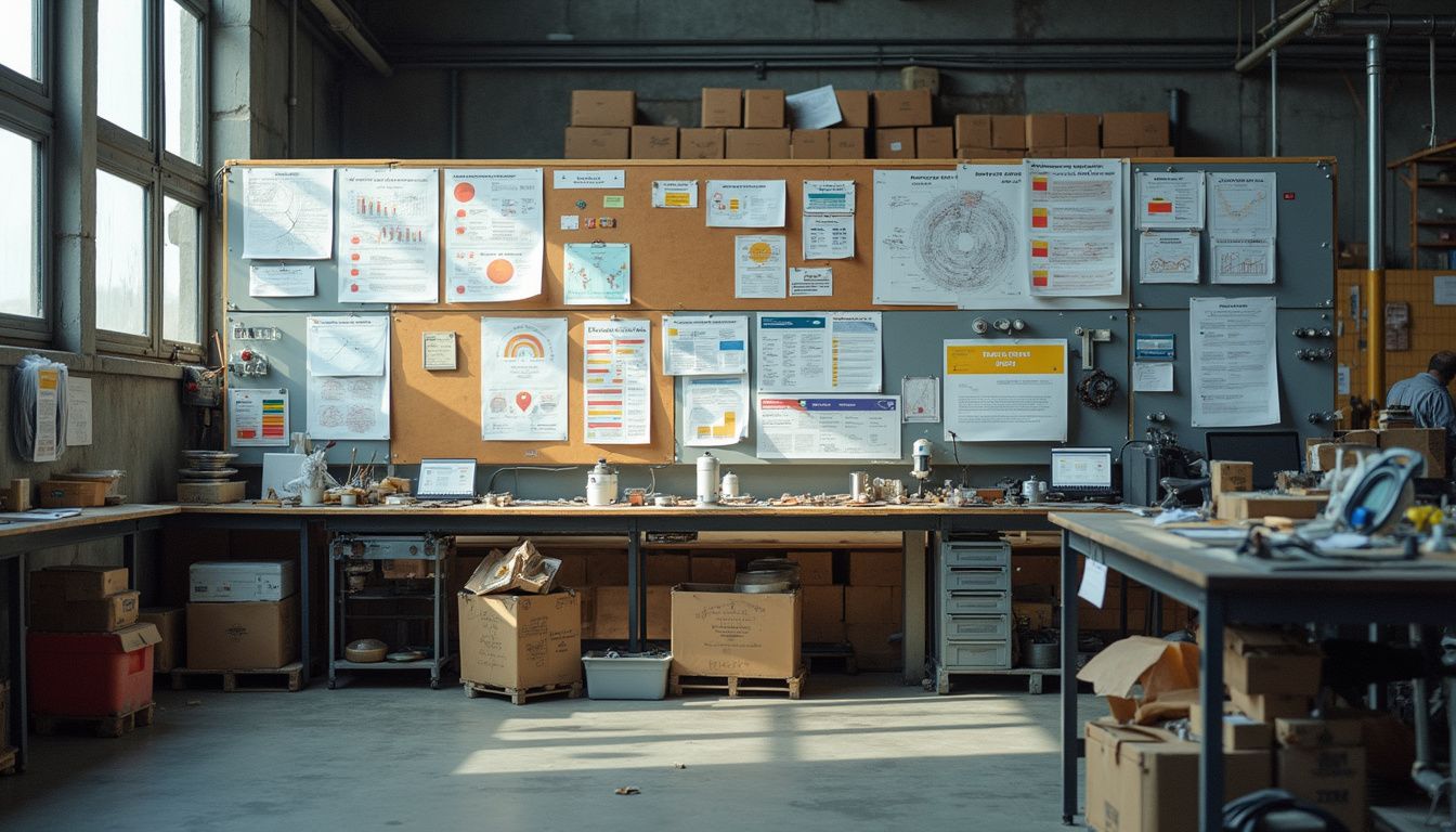 A cluttered manufacturing shop floor filled with various visual management tools. A cluttered manufacturing shop floor filled with various visual management tools.