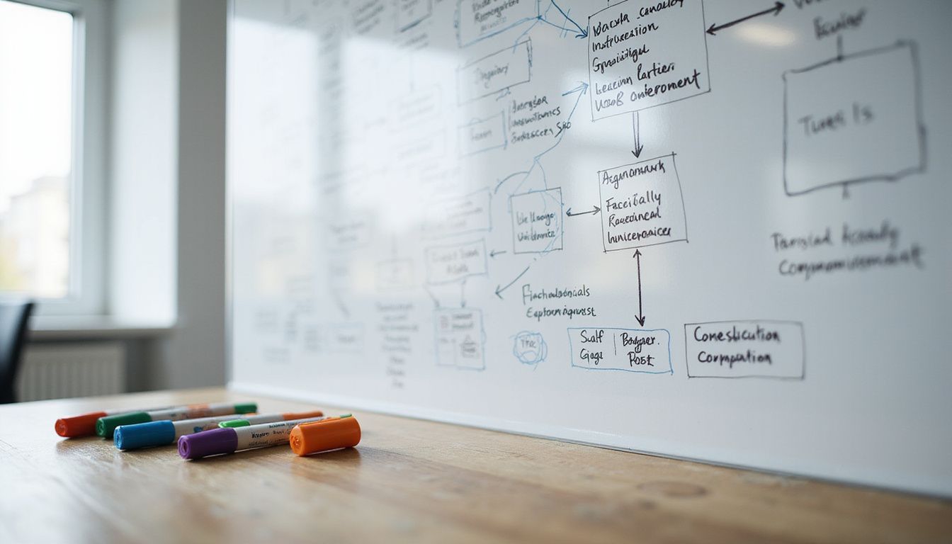 An intricately detailed value stream map displayed on a whiteboard.