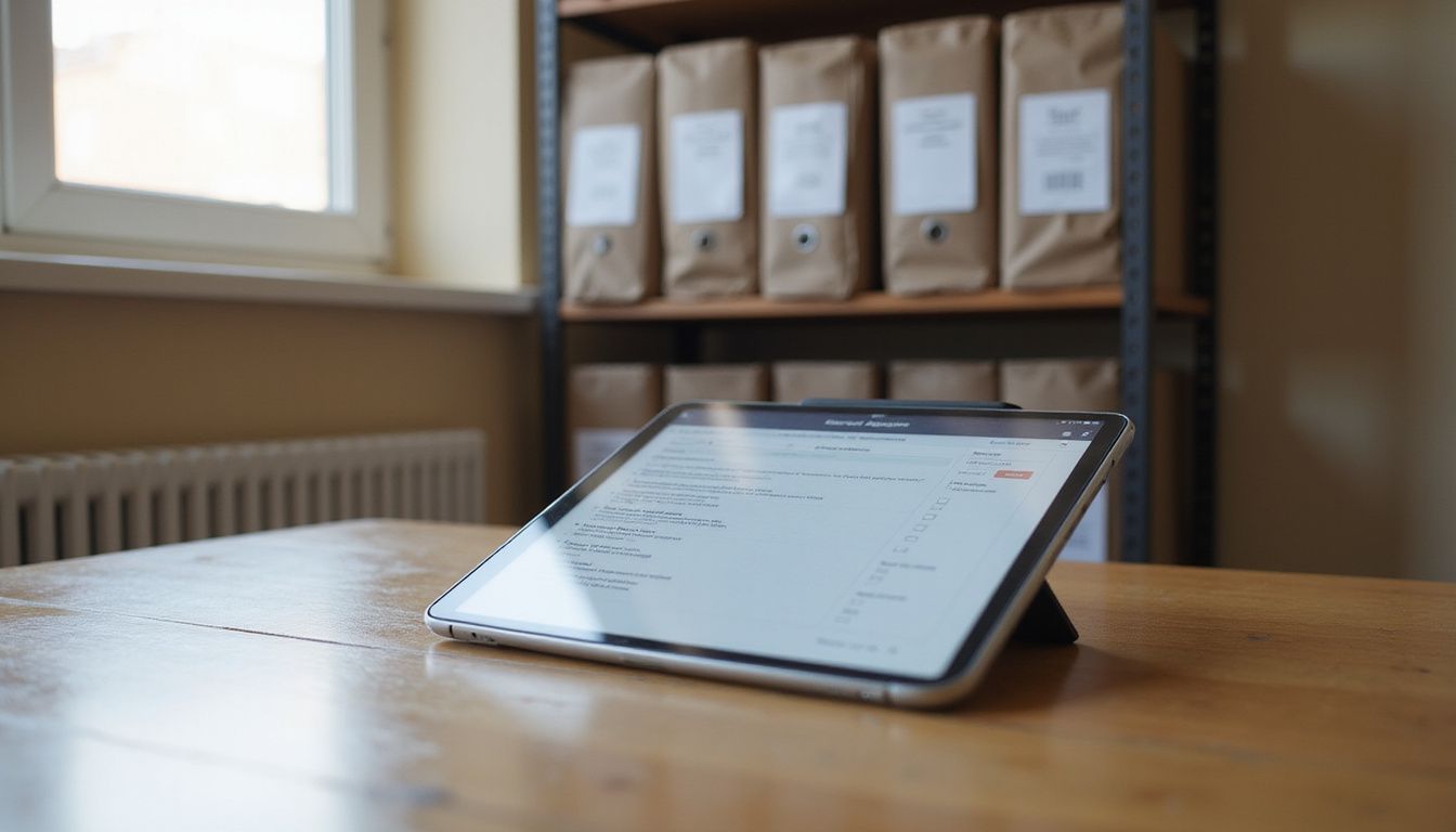 A tablet displays an audit checklist on a polished wooden desk.