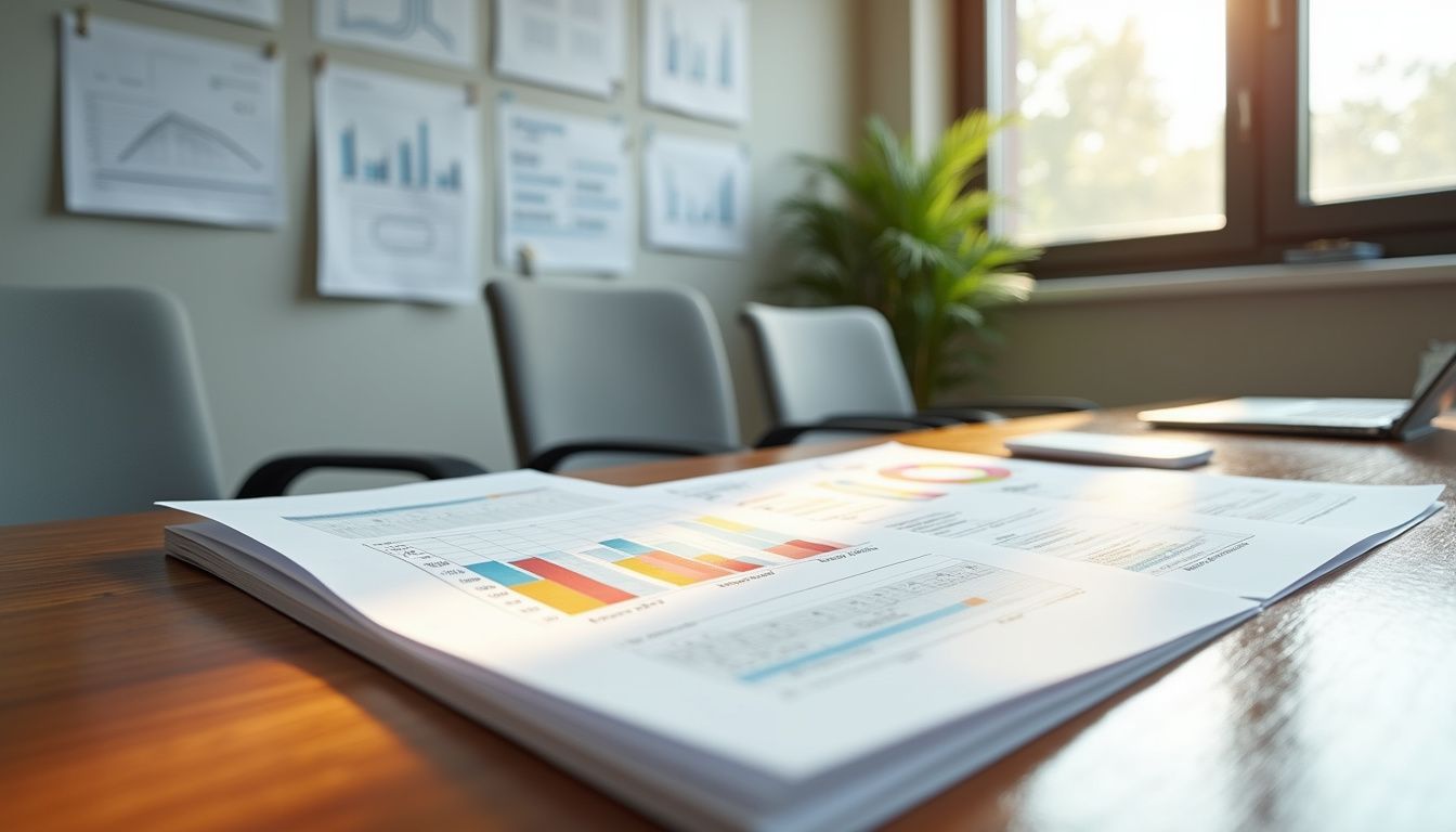 A modern office interior featuring organized documents and sleek furniture.