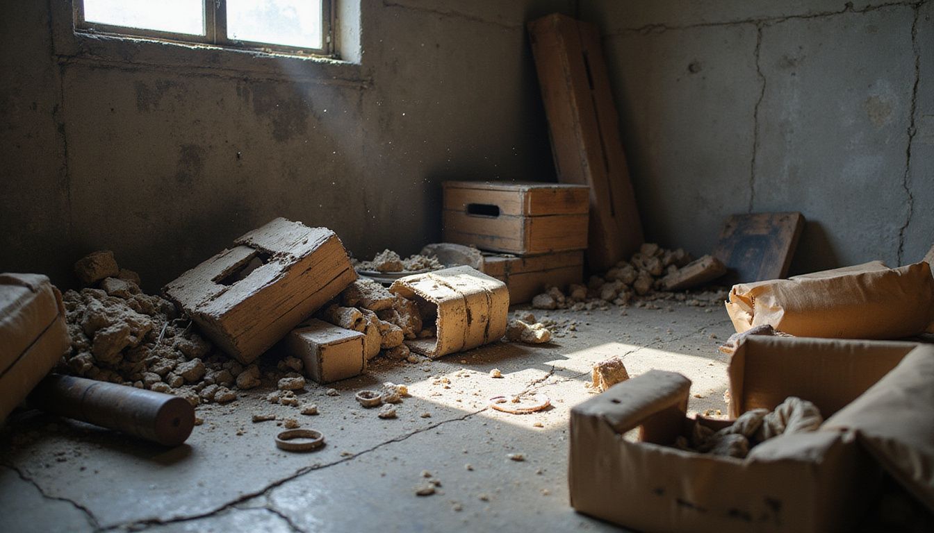 A cluttered storage room filled with broken, neglected items.