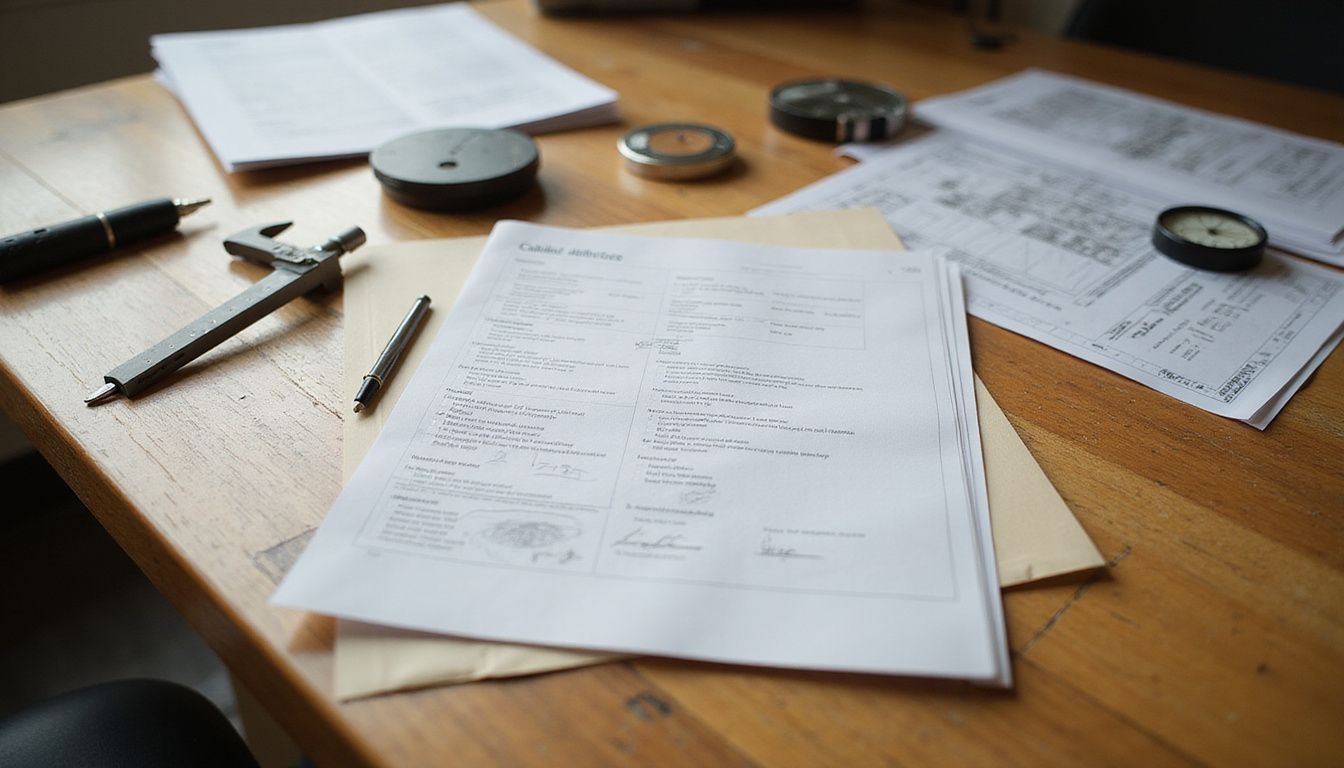 An organized professional workspace showcasing tools, drawings, and a checklist.