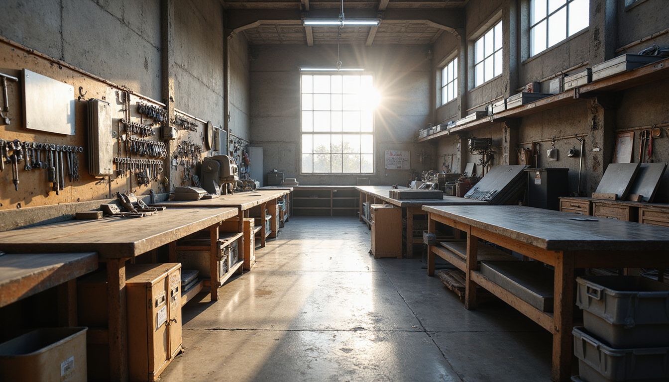 A serene CNC machining workshop showcasing organized tools and materials.