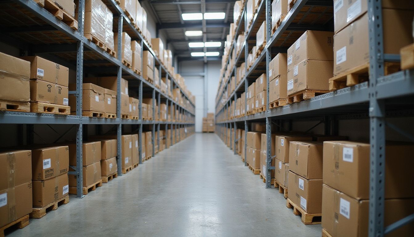 A meticulously organized warehouse aisle with labeled products on metal shelves.