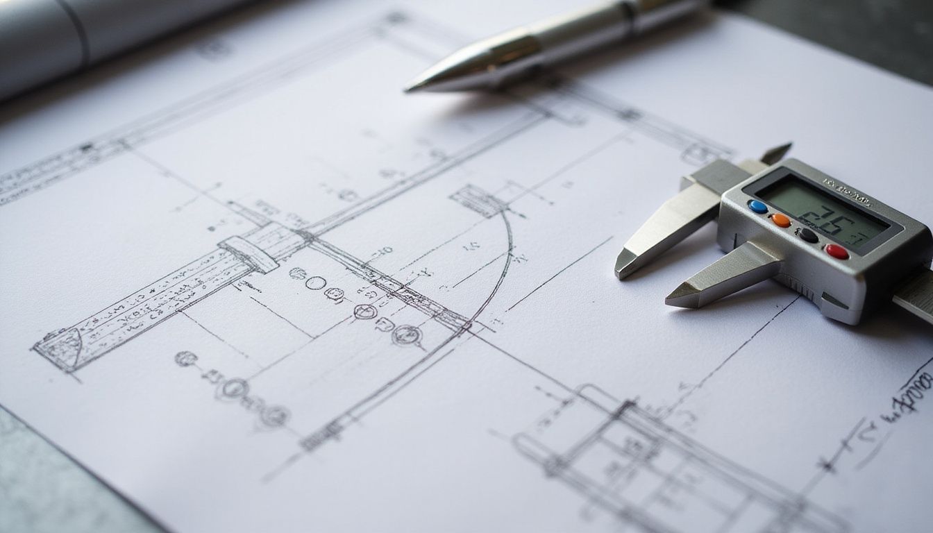 An engineering drawing with measurement tools and a calibration certificate.