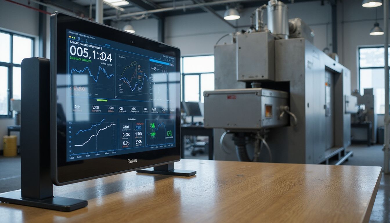 A sleek digital dashboard displays performance metrics in a manufacturing office. A sleek digital dashboard displays performance metrics in a manufacturing office.