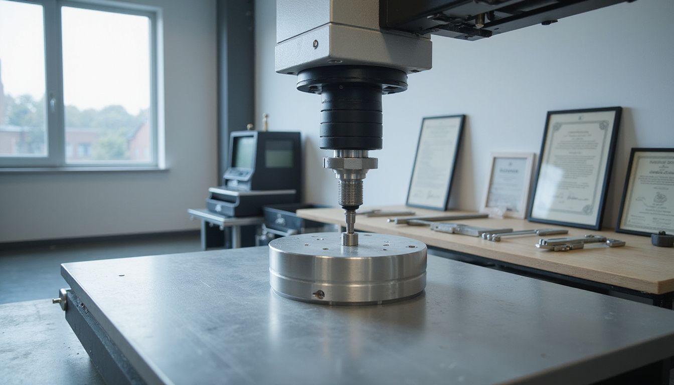 A coordinate measuring machine inspects a precision-machined metallic component.