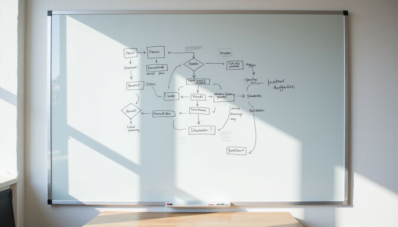 A detailed flowchart on a whiteboard with clear symbols and labels.