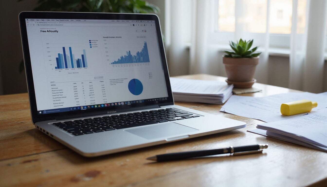 Close-up of a laptop dashboard on a polished wooden desk.