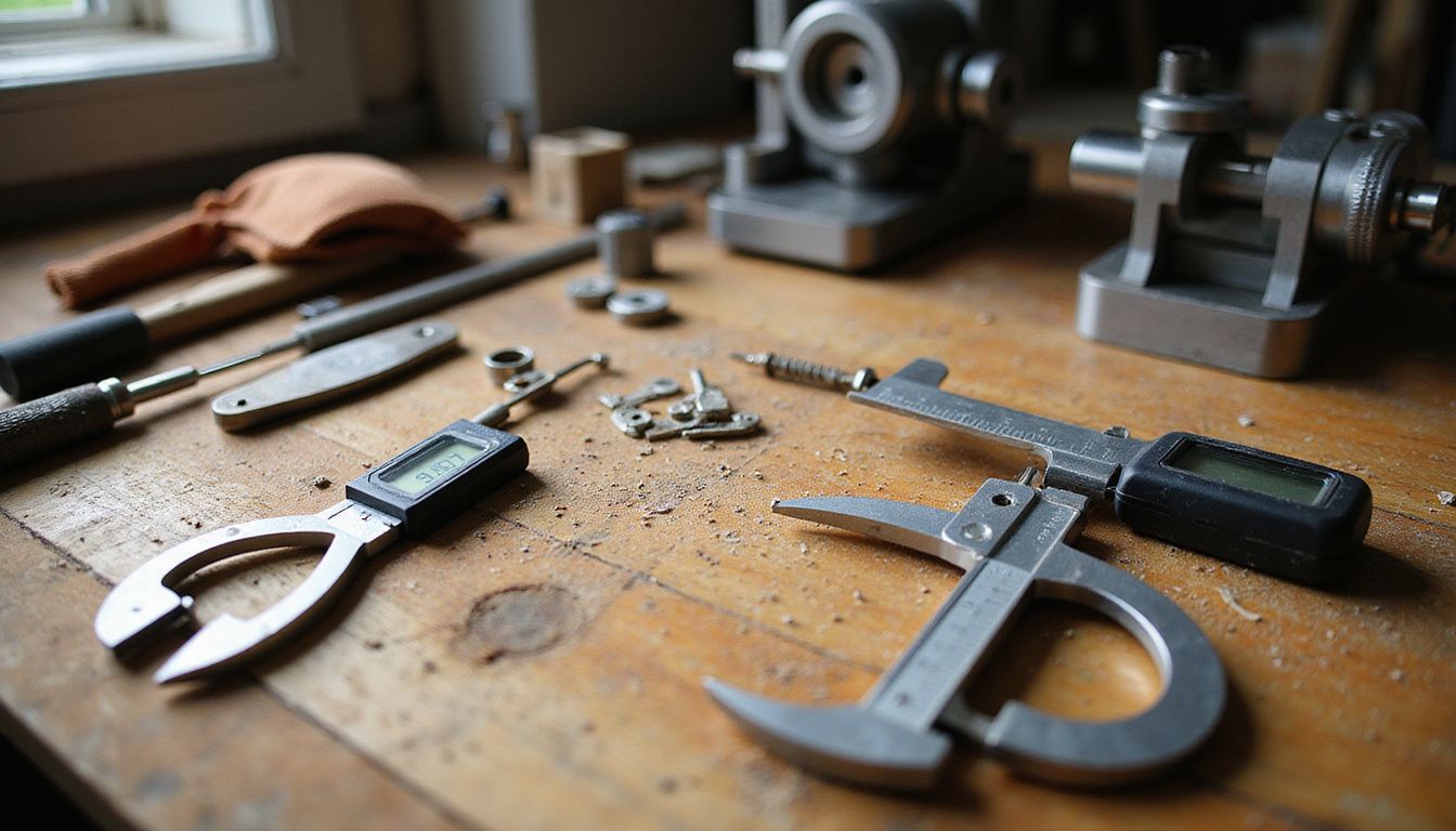 A cluttered workbench showcases precision tools and machinery for mechanical tasks.