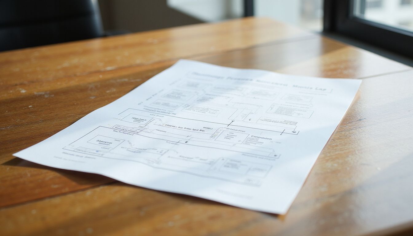 A neatly organized wooden desk displays a detailed process map.