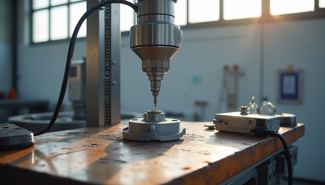 Precision machining workspace with a coordinate measuring machine and calibration tools.