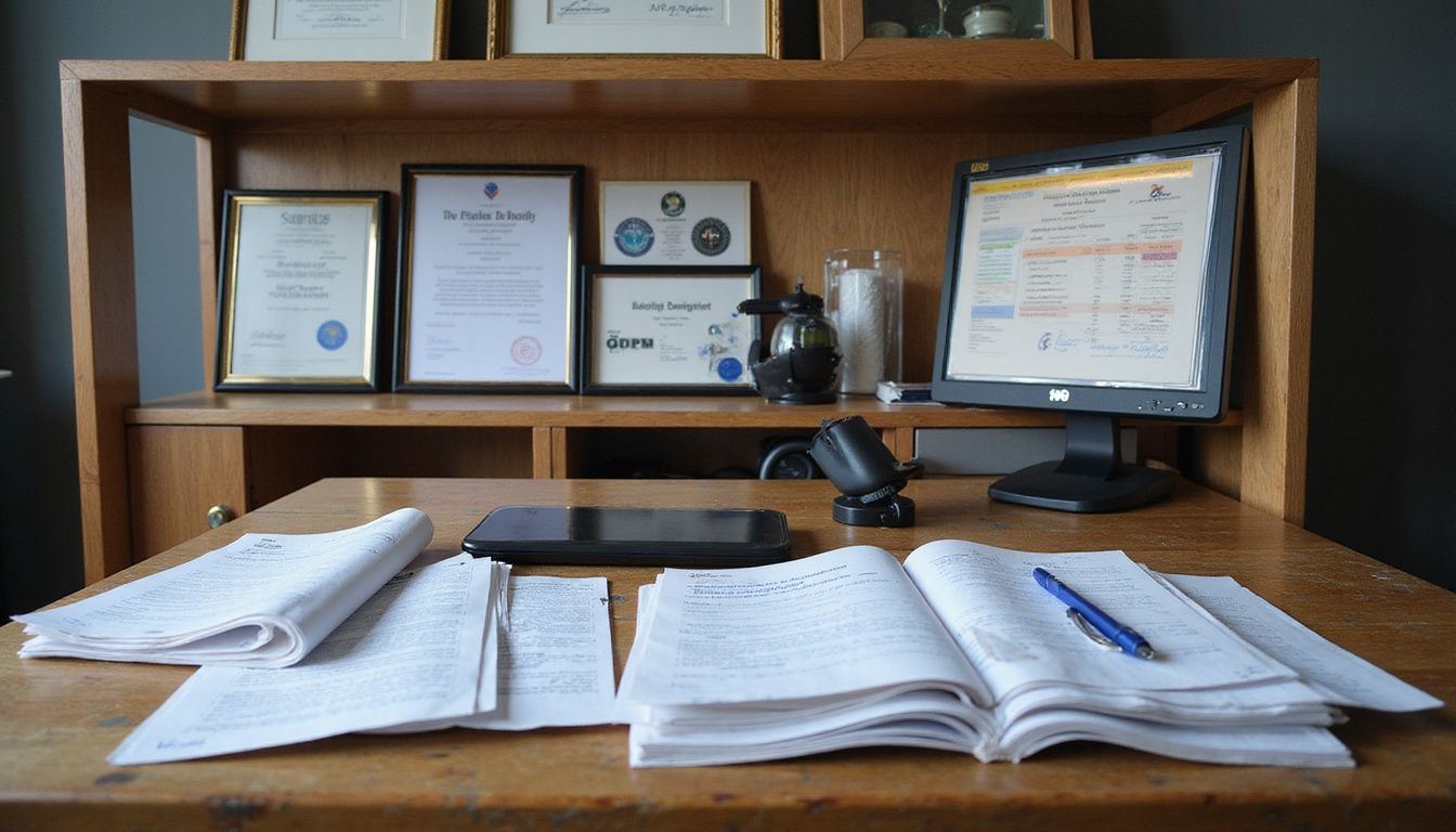 A cluttered oak desk displays compliance documents and regulatory certificates.