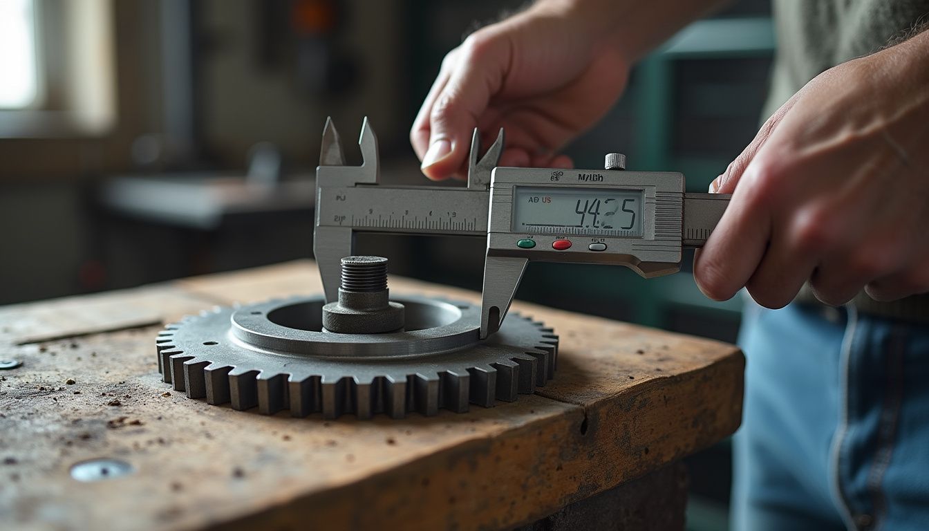 A close-up of calipers measuring a steel gear on a wooden bench.