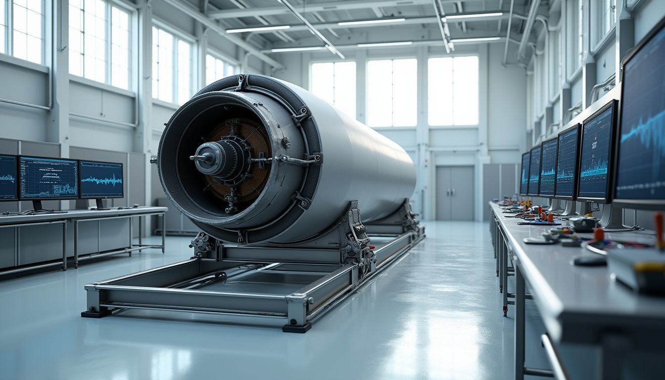 A high-powered rocket engine is mounted on a test rig in a lab.
