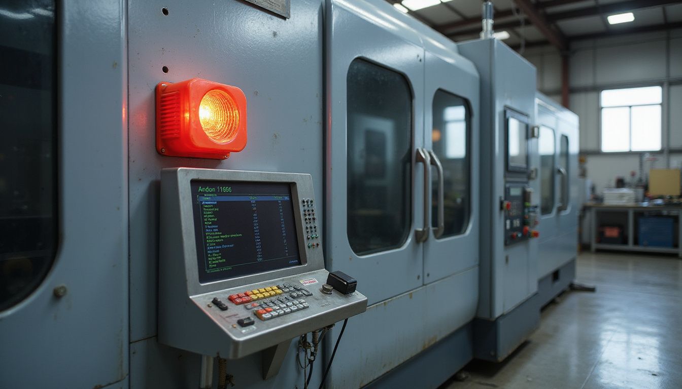 A CNC machining center features a bright red Andon light and digital dashboard. A CNC machining center features a bright red Andon light and digital dashboard.