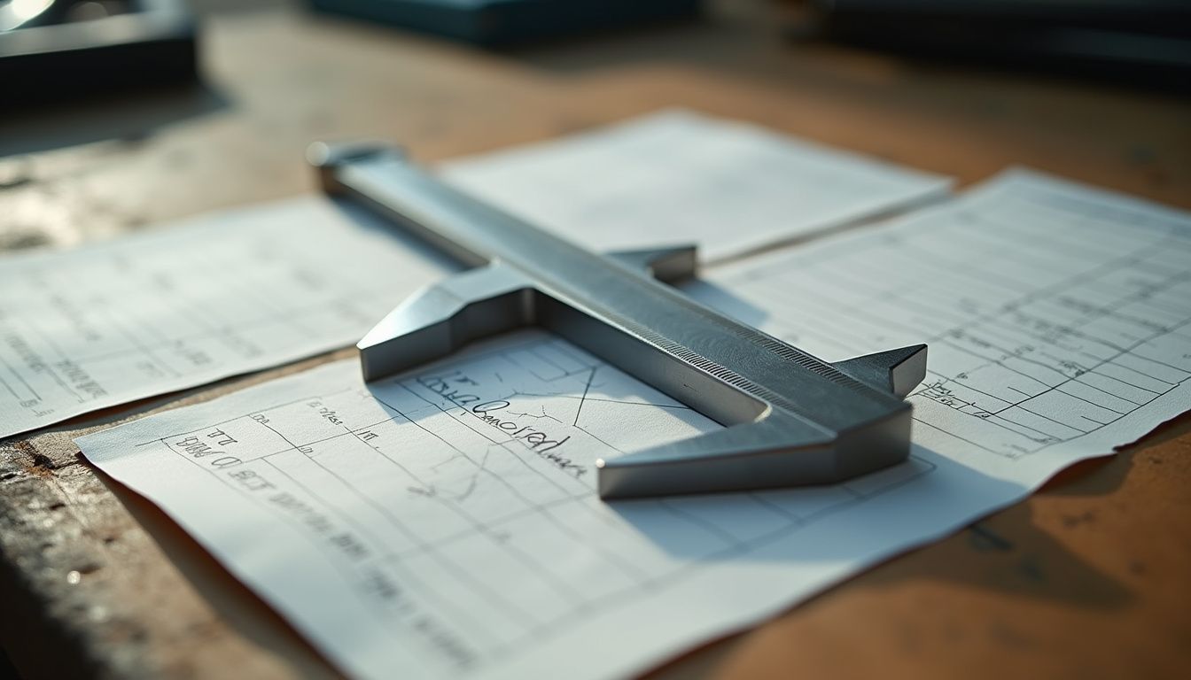 A precision caliper rests on a well-used wooden workbench with measurement records.