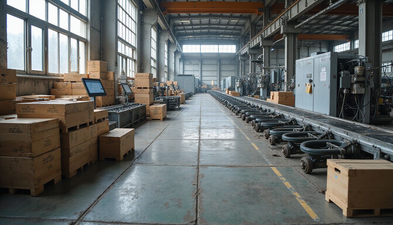 A bustling manufacturing plant floor with machinery and raw materials.