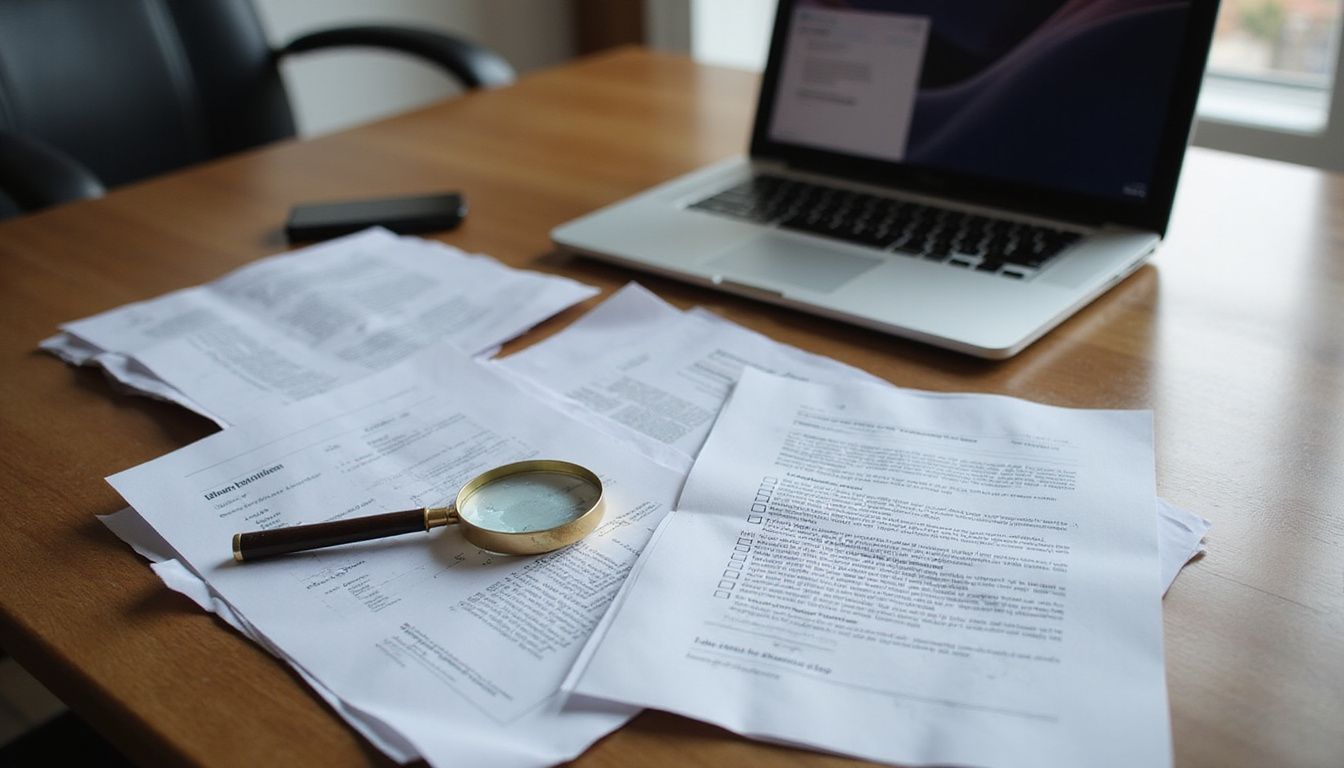 A cluttered desk with documents, a laptop, and a magnifying glass.