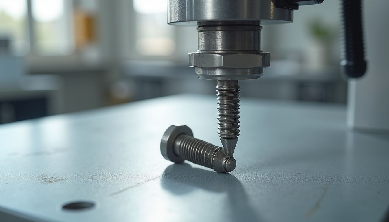 A titanium aerospace fastener under a precision hardness testing machine.