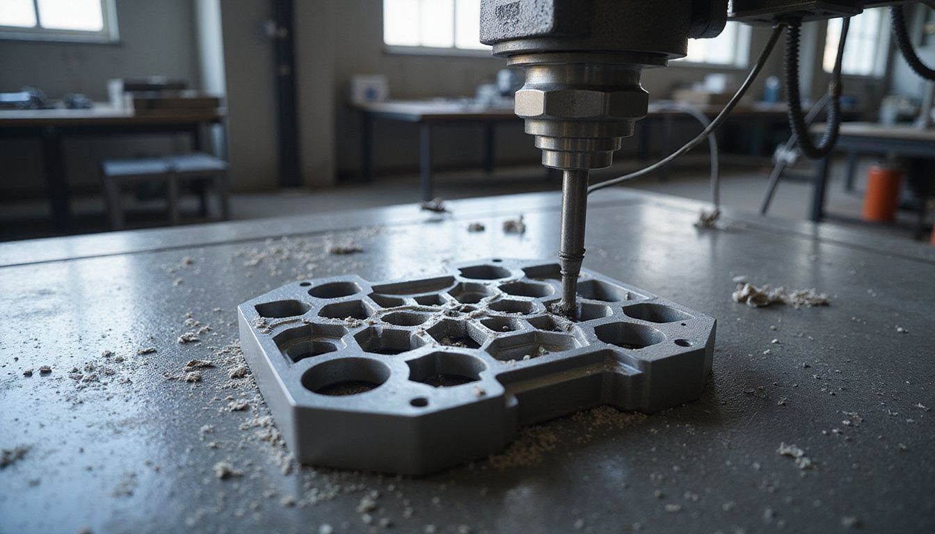 CNC milling process of a complex titanium component with cooling channels.