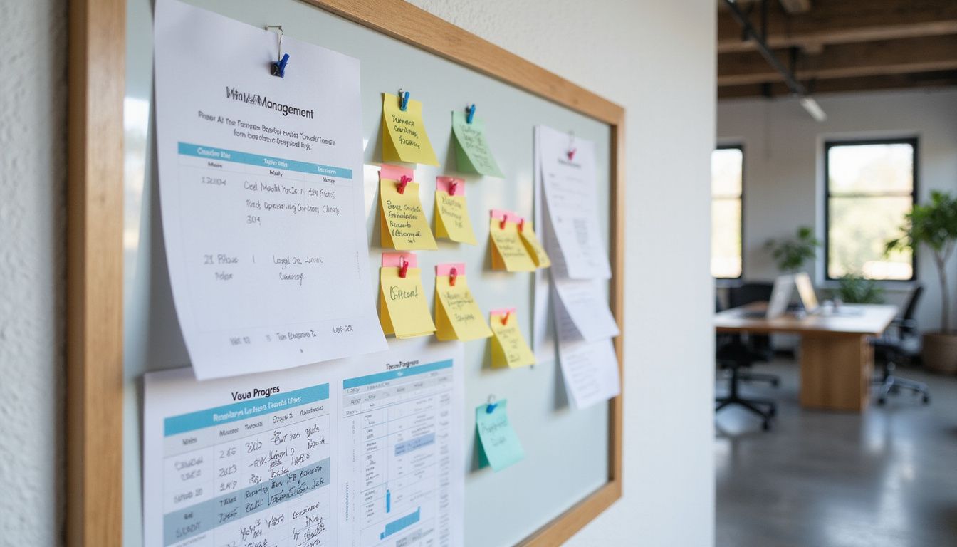 A visual management board displays organized tasks and progress updates. A visual management board displays organized tasks and progress updates.