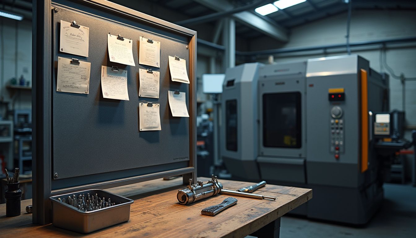 A Kanban board stands next to advanced CNC machines in a workshop. A Kanban board stands next to advanced CNC machines in a workshop.